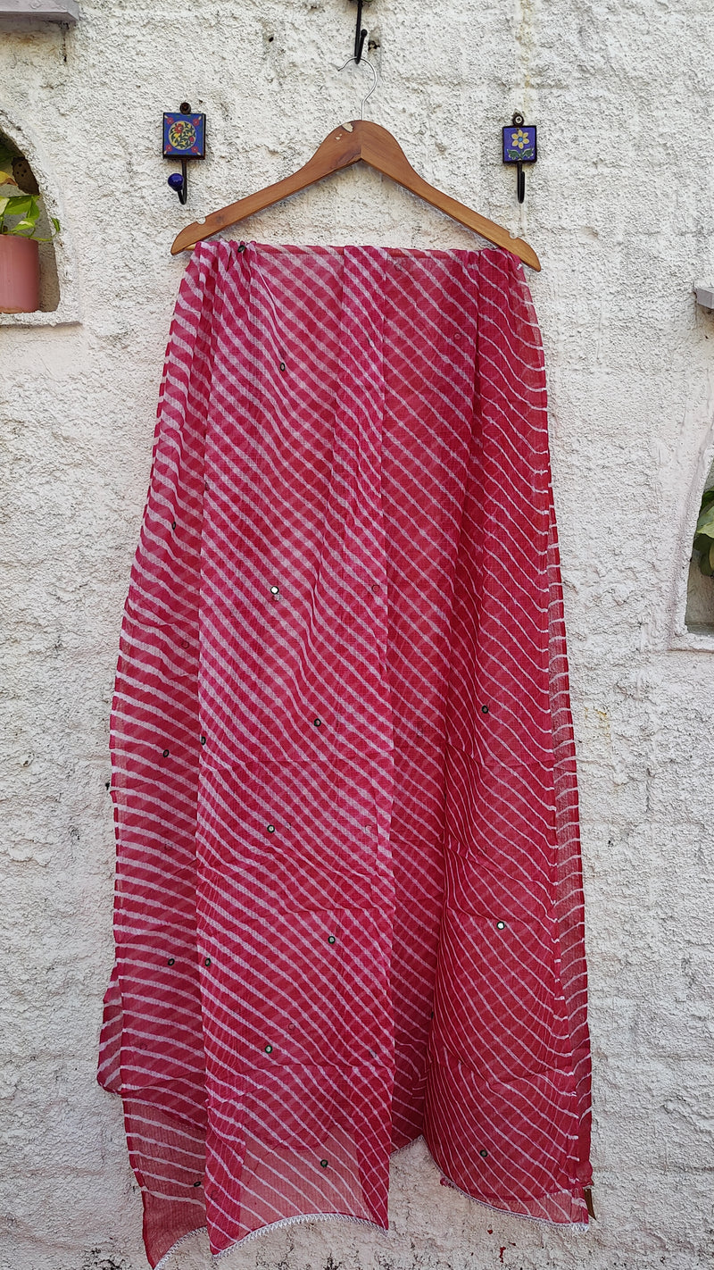 PINK & WHITE LEHERIYA KOTA DUPATTA WITH MIRROR WORK