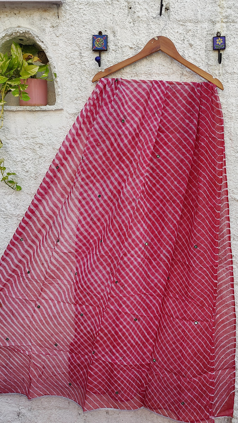 PINK & WHITE LEHERIYA KOTA DUPATTA WITH MIRROR WORK