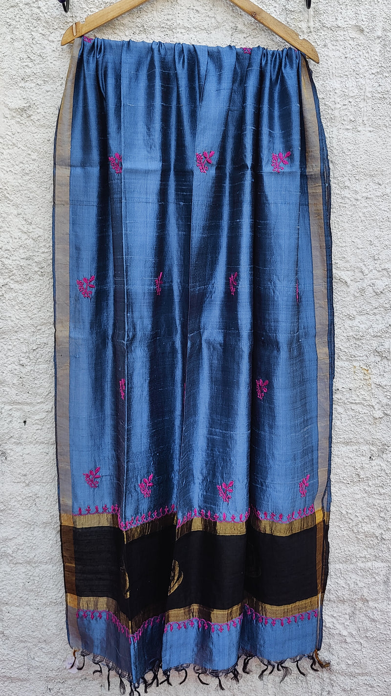 STONE BLUE RAW SILK DUPATTA WITH CHIKANKARI