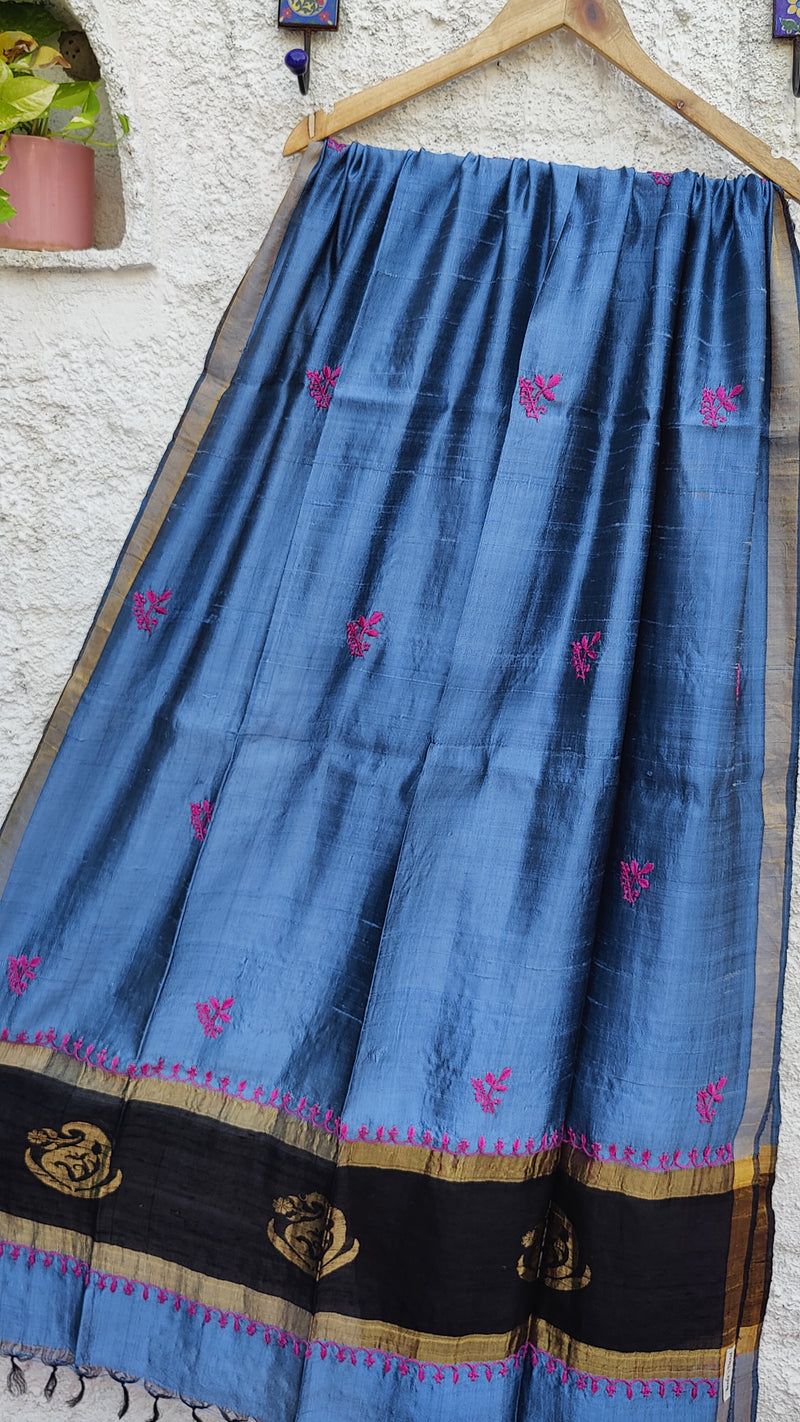 STONE BLUE RAW SILK DUPATTA WITH CHIKANKARI