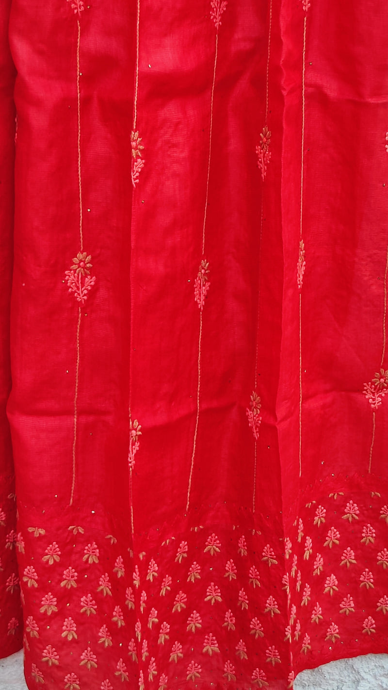 SINDOORI RED RIBBED TUSSAR SILK DUPATTA WITH CHIKANKARI, DARAZ & MUKAISH