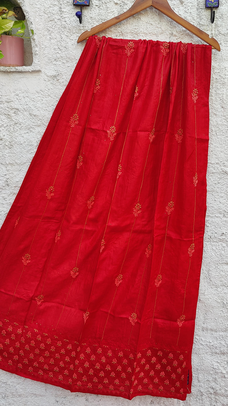 SINDOORI RED RIBBED TUSSAR SILK DUPATTA WITH CHIKANKARI, DARAZ & MUKAISH