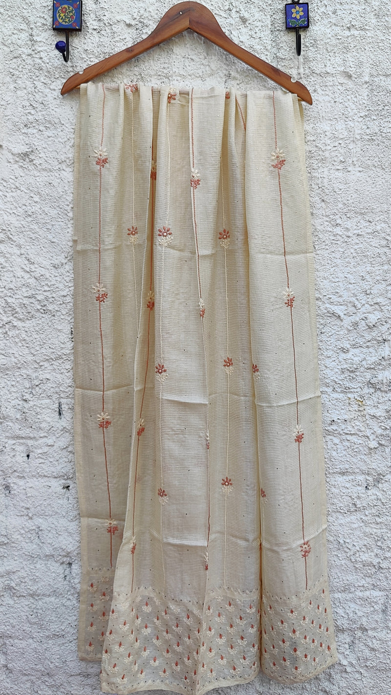 OFF WHITE RIBBED TUSSAR SILK DUPATTA WITH CHIKANKARI, DARAZ & MUKAISH