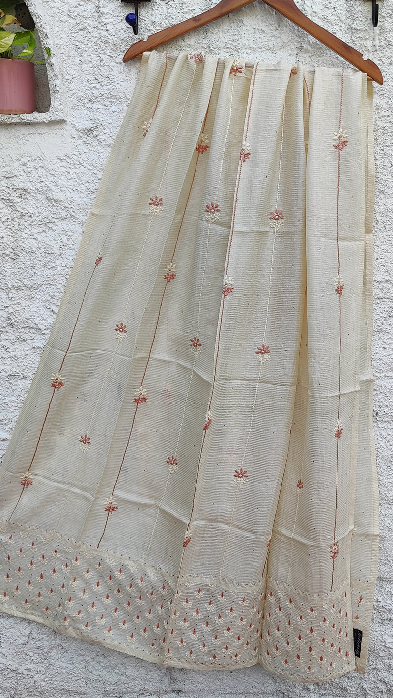 OFF WHITE RIBBED TUSSAR SILK DUPATTA WITH CHIKANKARI, DARAZ & MUKAISH