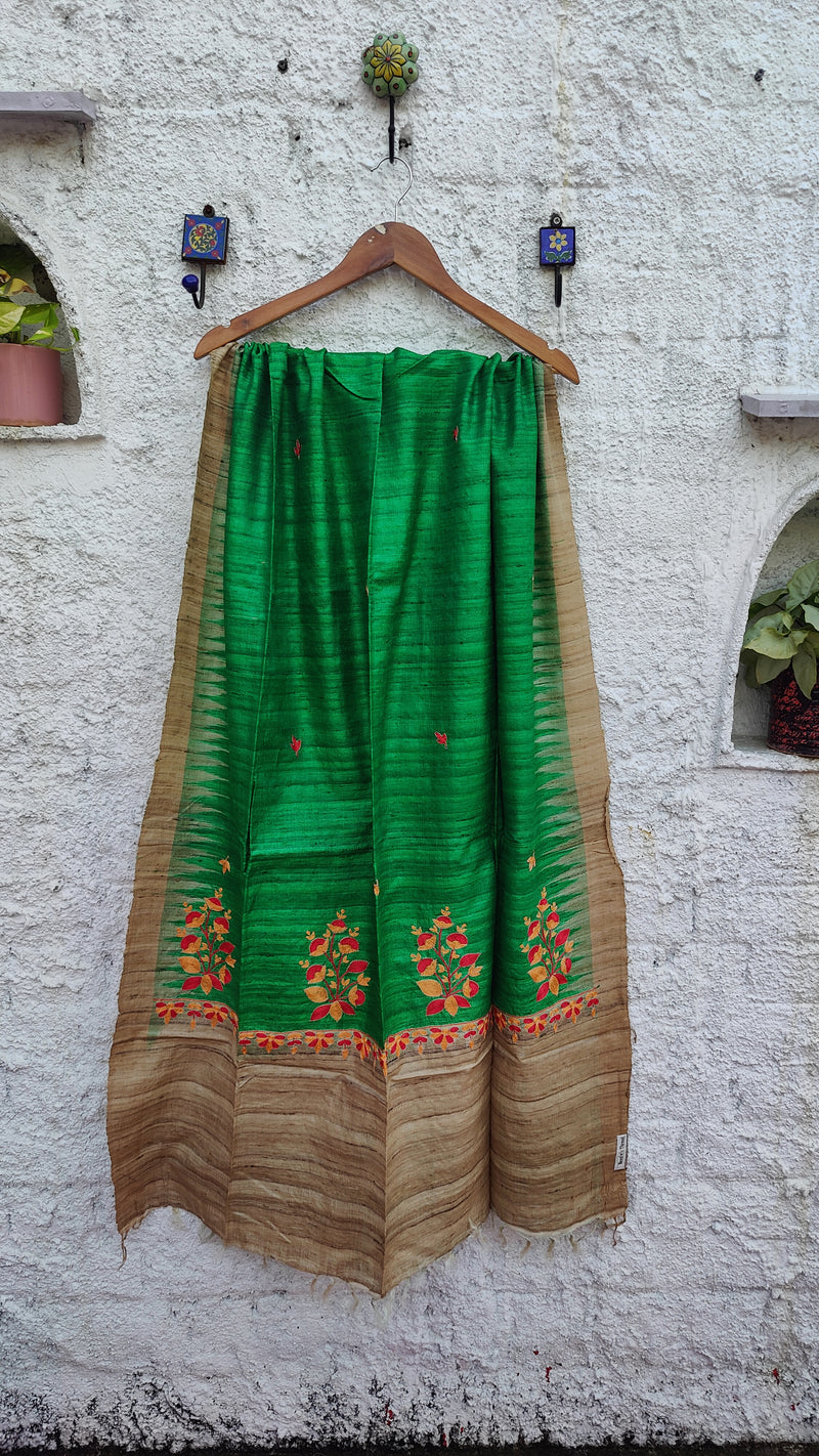 NATURAL TUSSAR SILK & GREEN WITH MULTI COLOURED EMBROIDERY