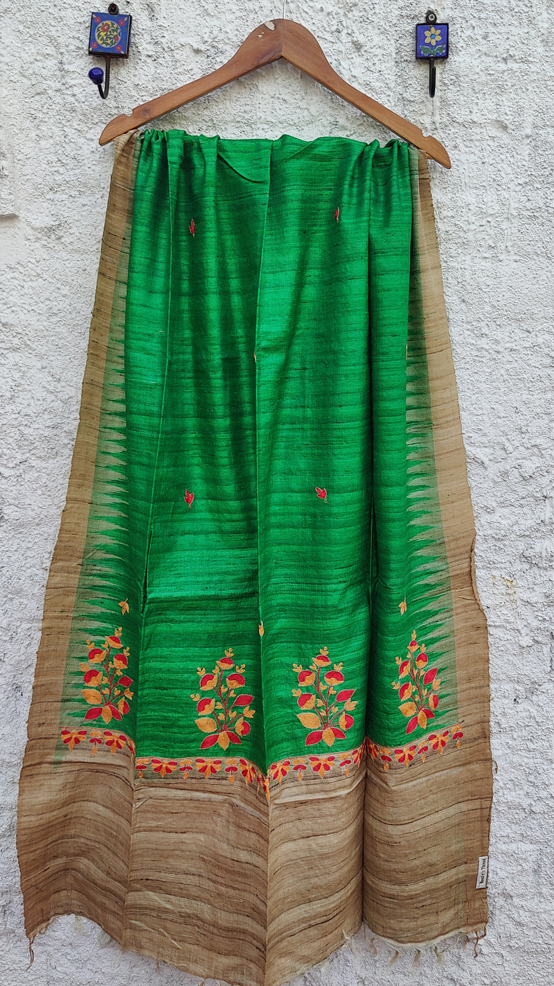 NATURAL TUSSAR SILK & GREEN WITH MULTI COLOURED EMBROIDERY