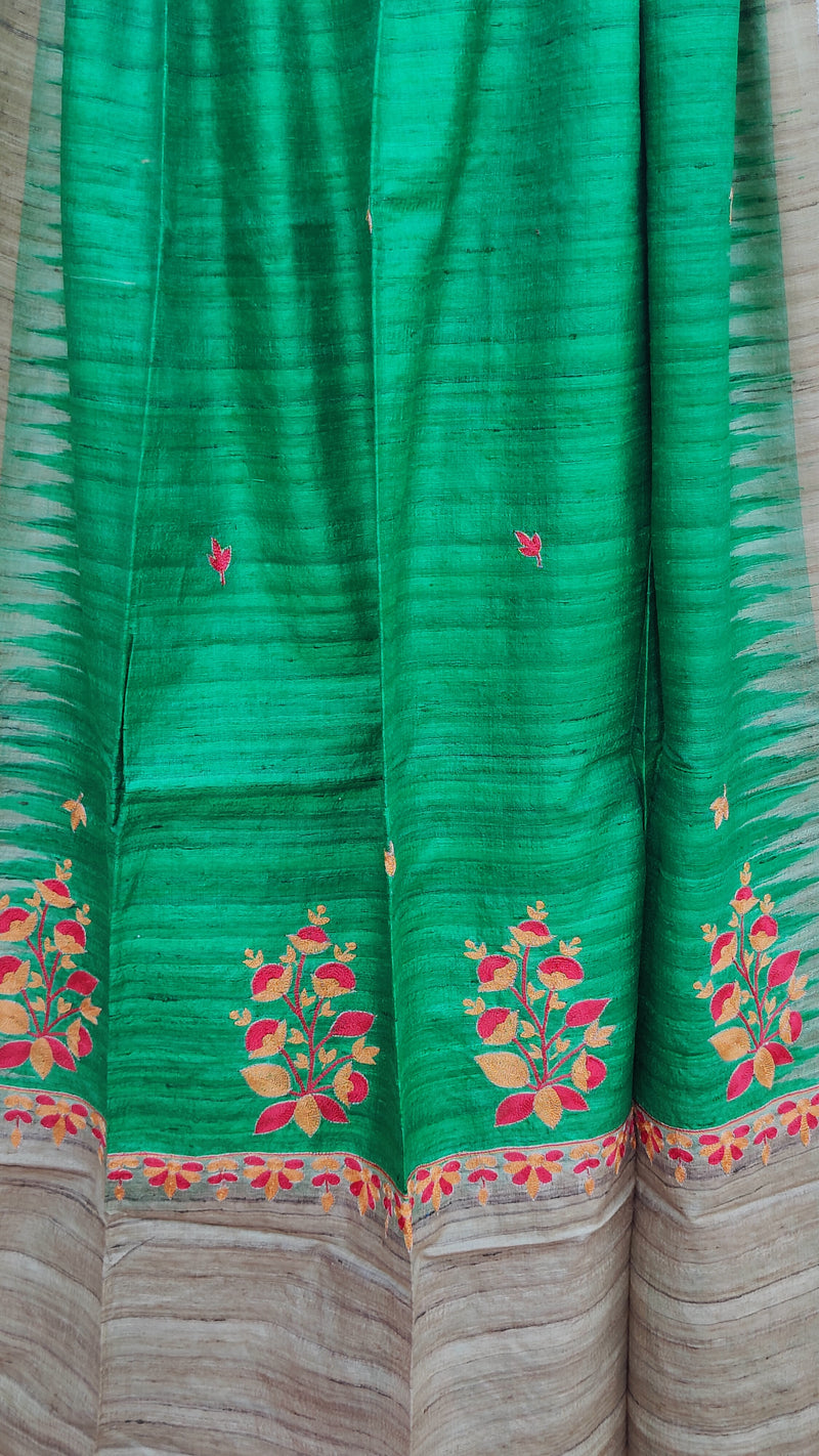 NATURAL TUSSAR SILK & GREEN WITH MULTI COLOURED EMBROIDERY