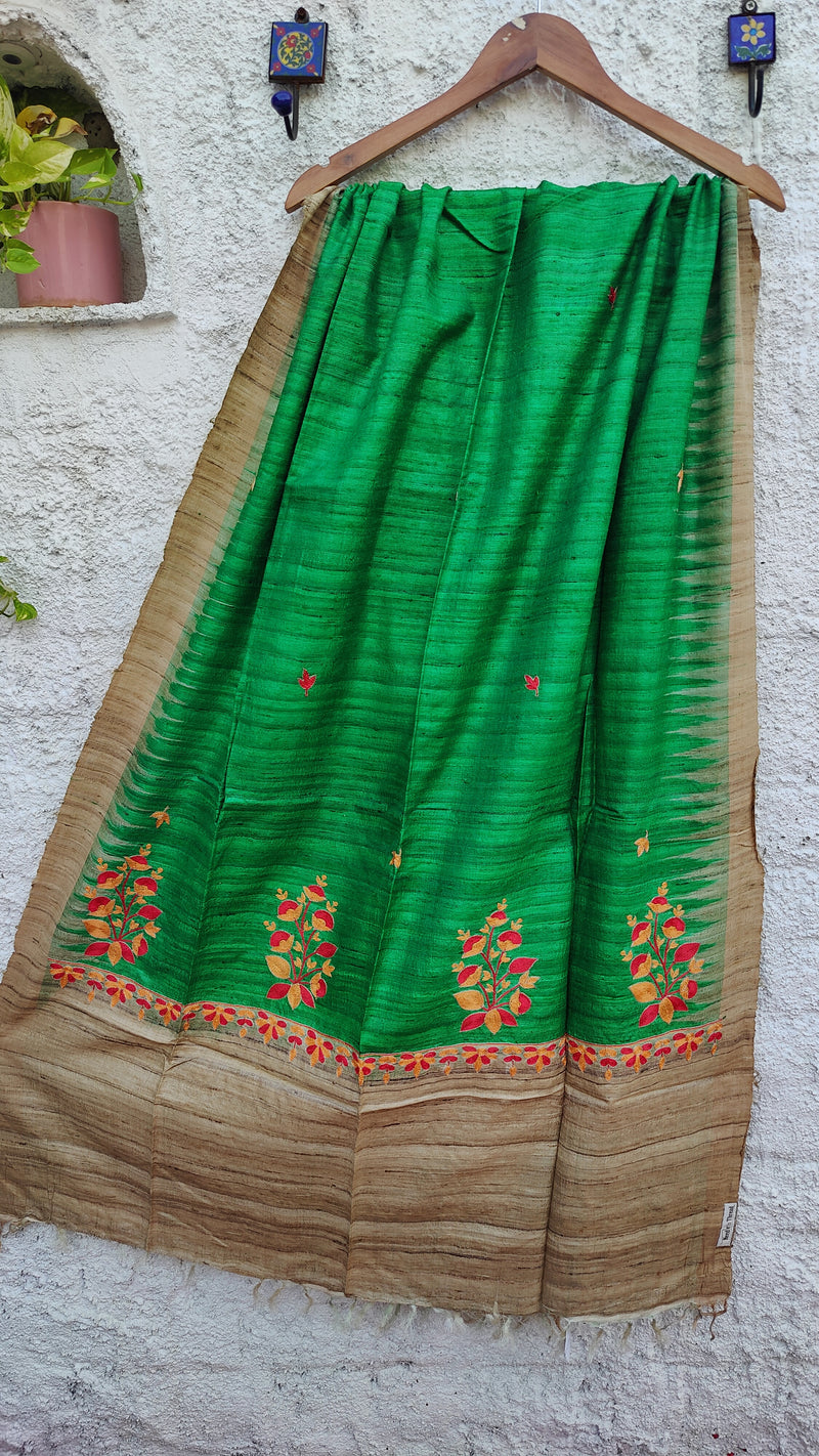 NATURAL TUSSAR SILK & GREEN WITH MULTI COLOURED EMBROIDERY