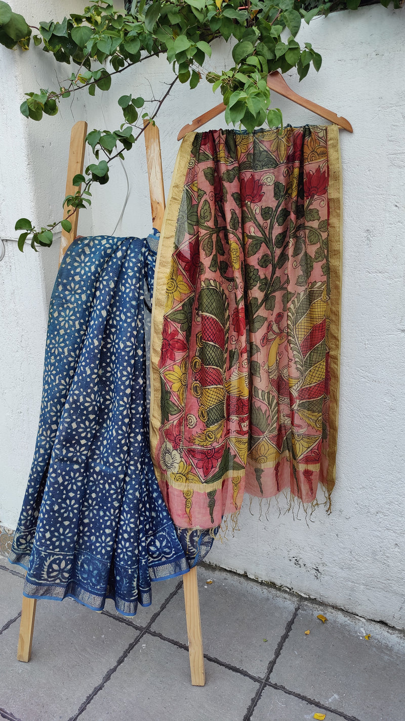 INDIGO CHANDERI SAREE WITH HANDDONE KALAMKARI & BLOCK PRINTS