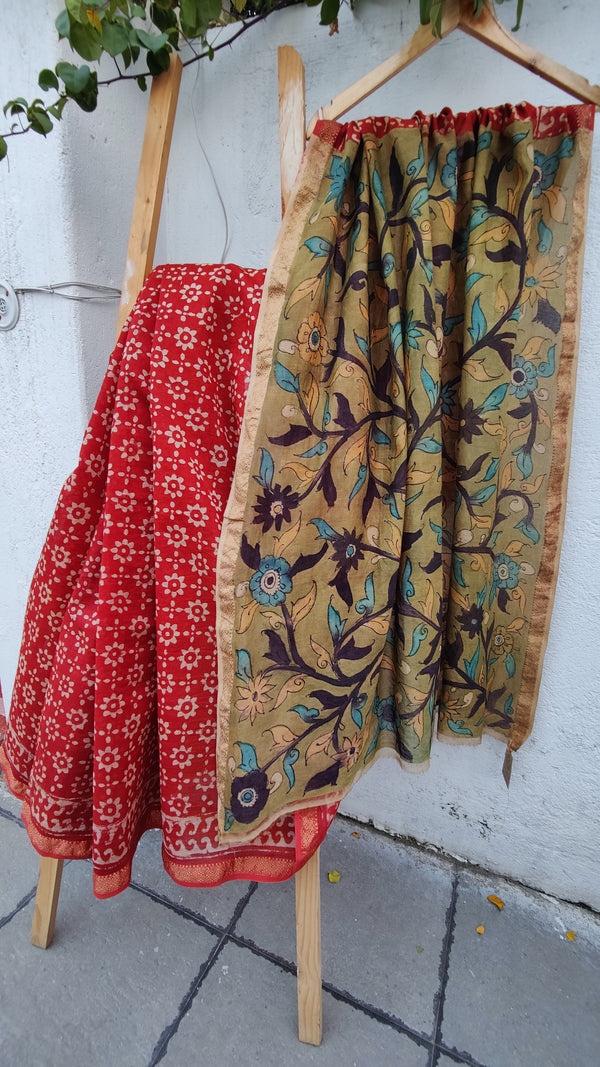 RUST CHANDERI SAREE WITH HANDDONE KALAMKARI & BLOCK PRINTS