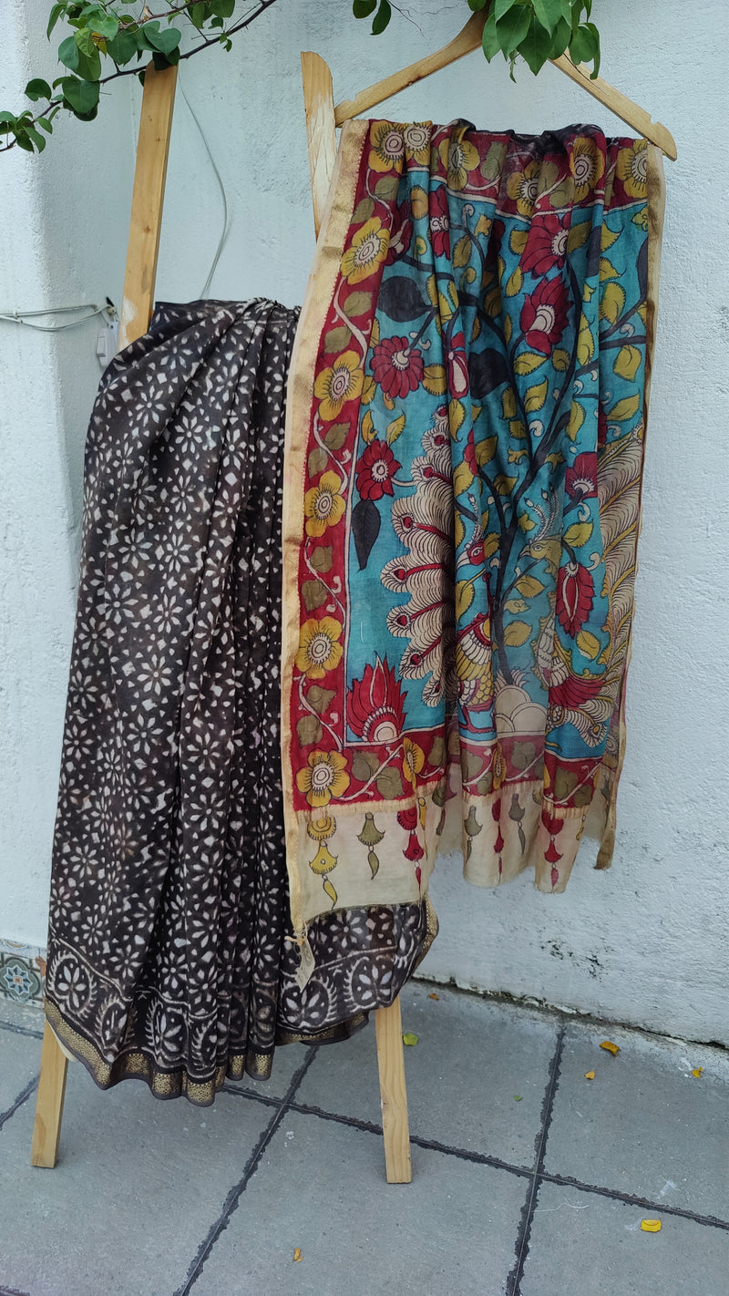 DARK GREY CHANDERI SAREE WITH HANDDONE KALAMKARI & BLOCK PRINTS