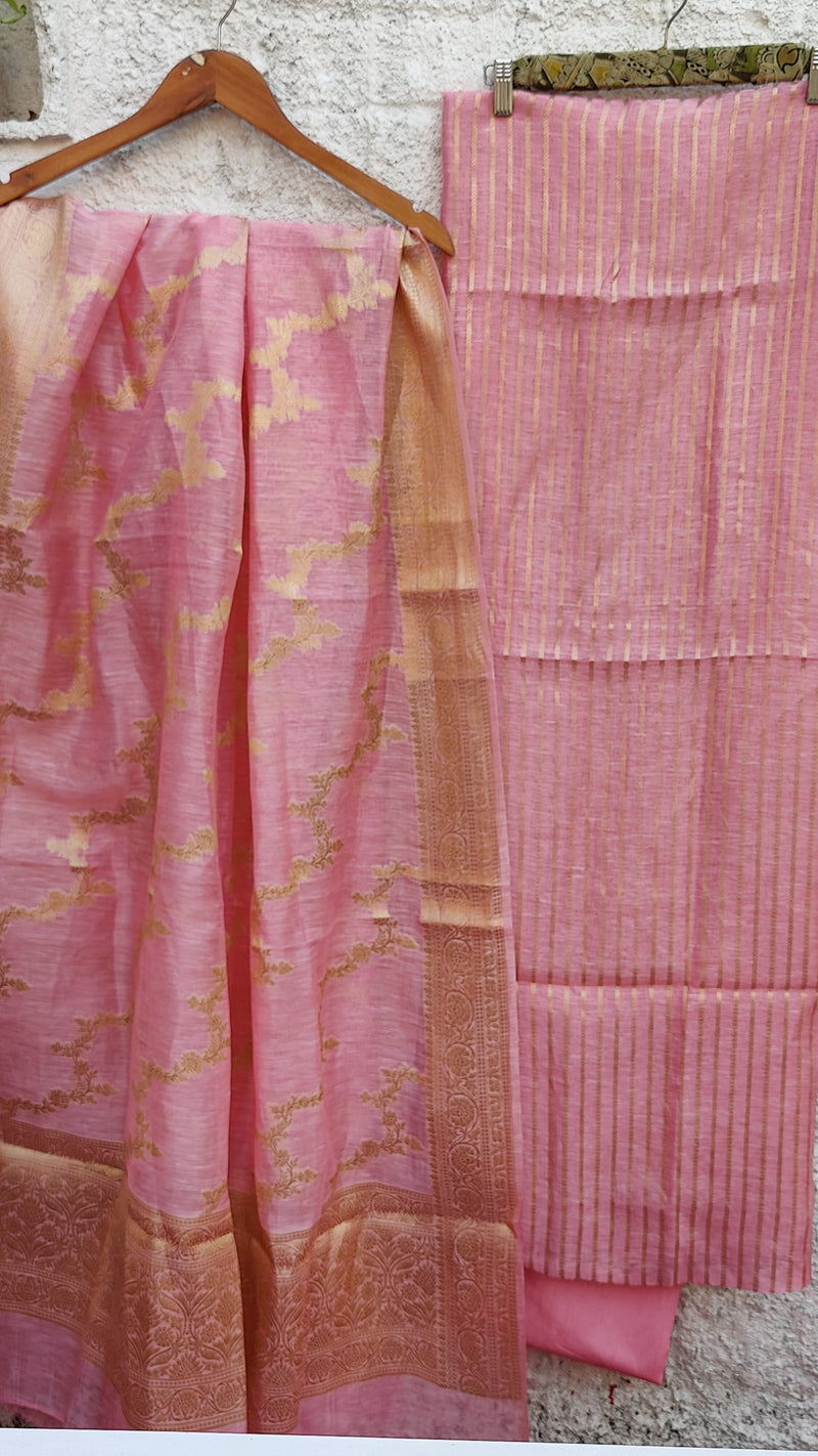 FLAMINGO PINK SILK LINEN BANARSI WEAVE SUIT SET