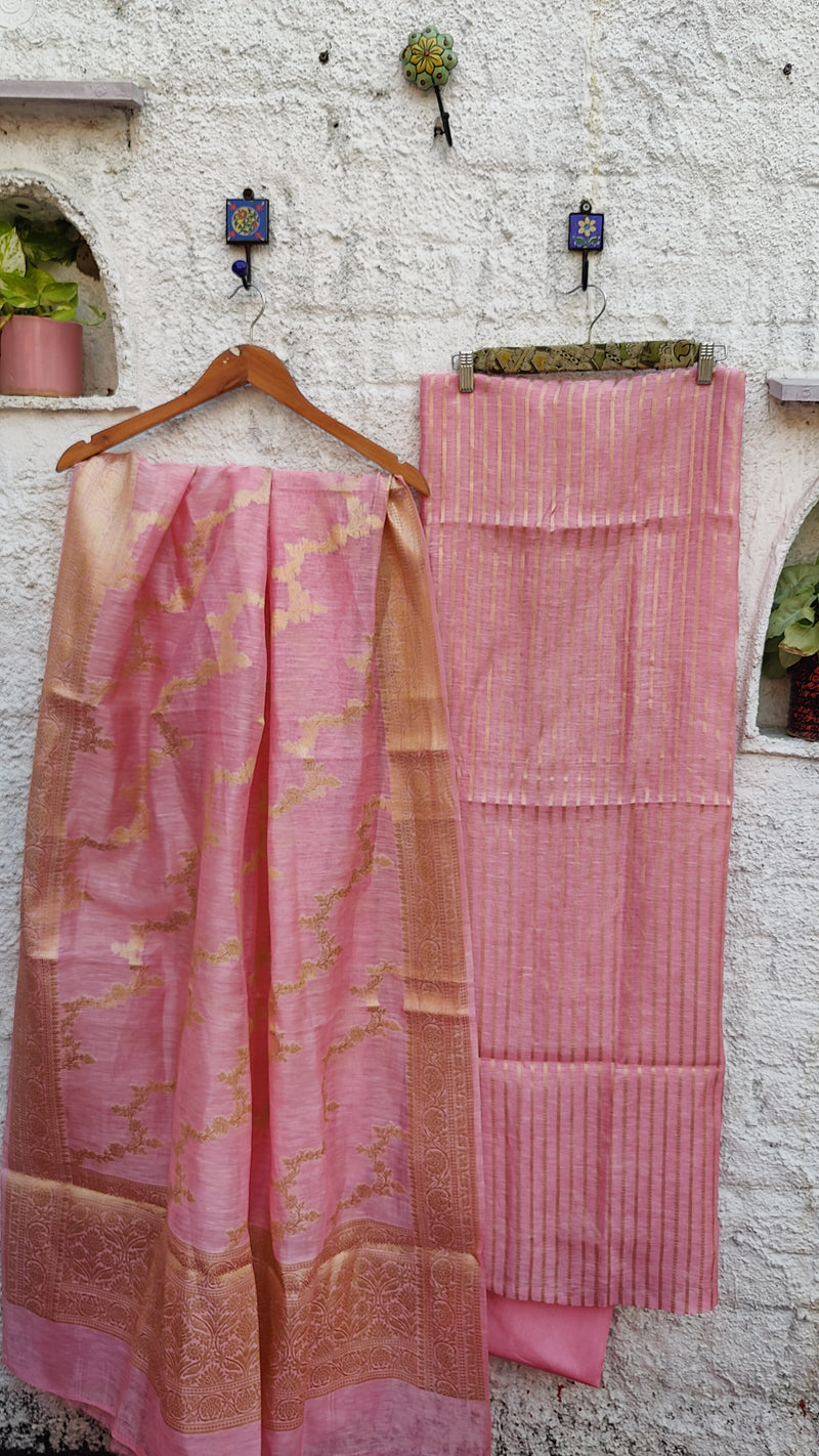 FLAMINGO PINK SILK LINEN BANARSI WEAVE SUIT SET