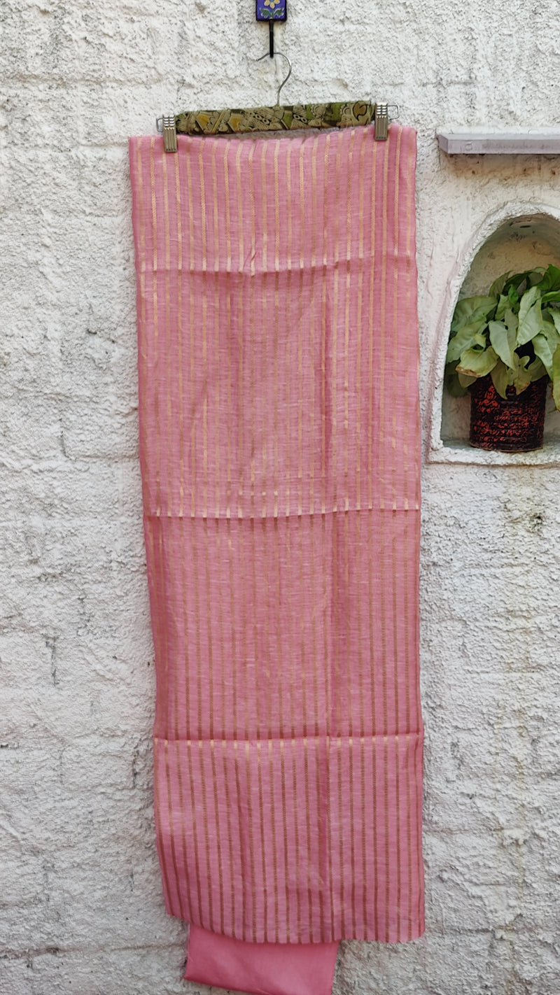 FLAMINGO PINK SILK LINEN BANARSI WEAVE SUIT SET