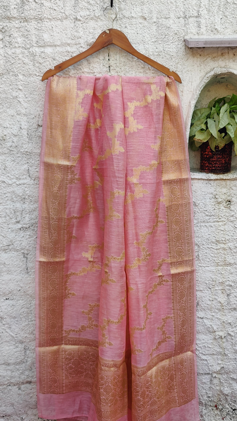 FLAMINGO PINK SILK LINEN BANARSI WEAVE SUIT SET