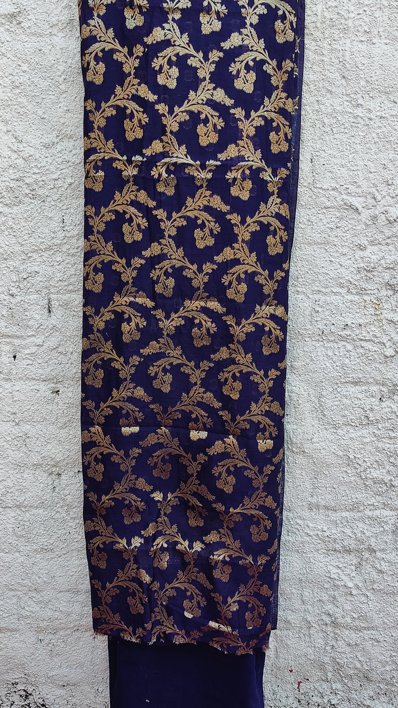 MIDNIGHT BLUE  BANARSI WEAVEING SILK COTTON ZARI JAAL SET