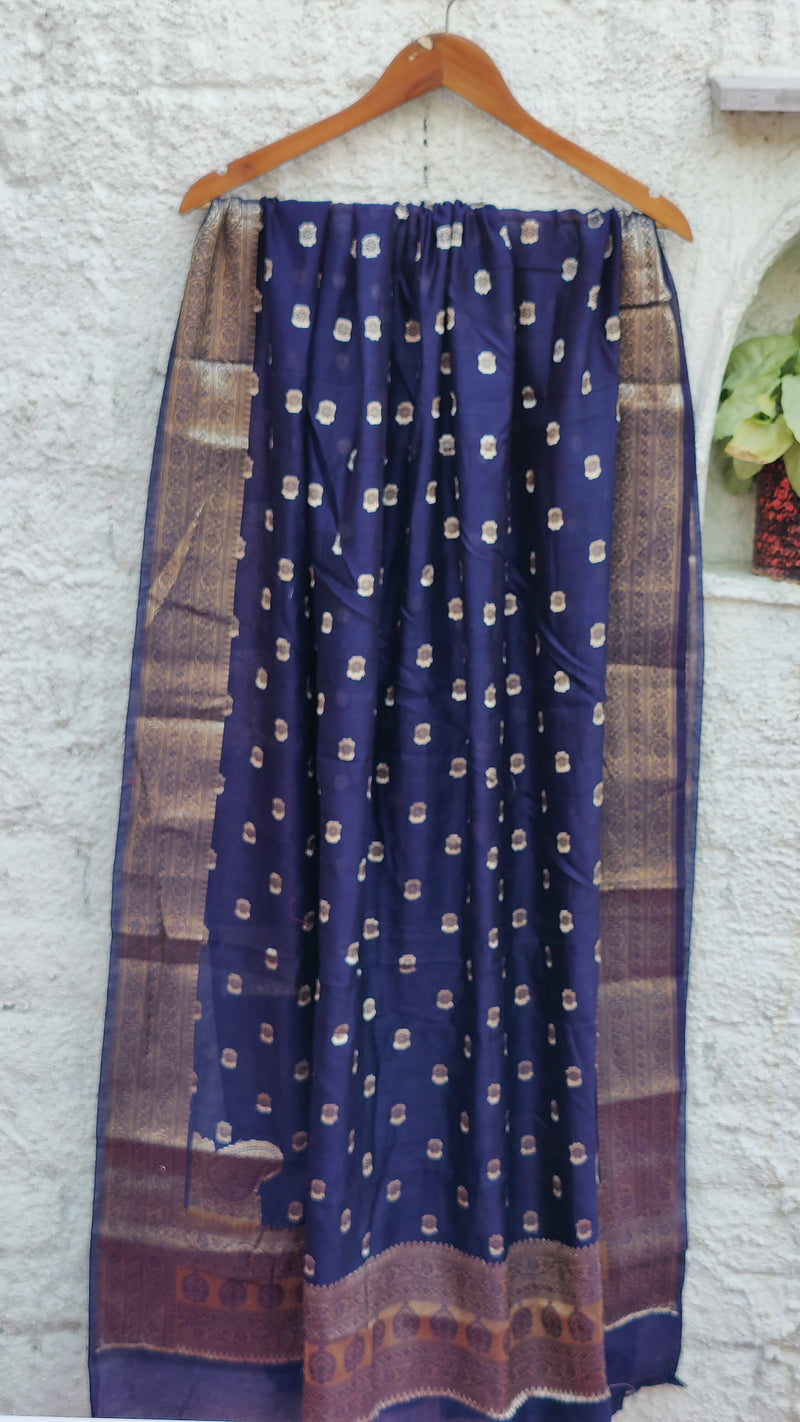 MIDNIGHT BLUE  BANARSI WEAVEING SILK COTTON ZARI JAAL SET