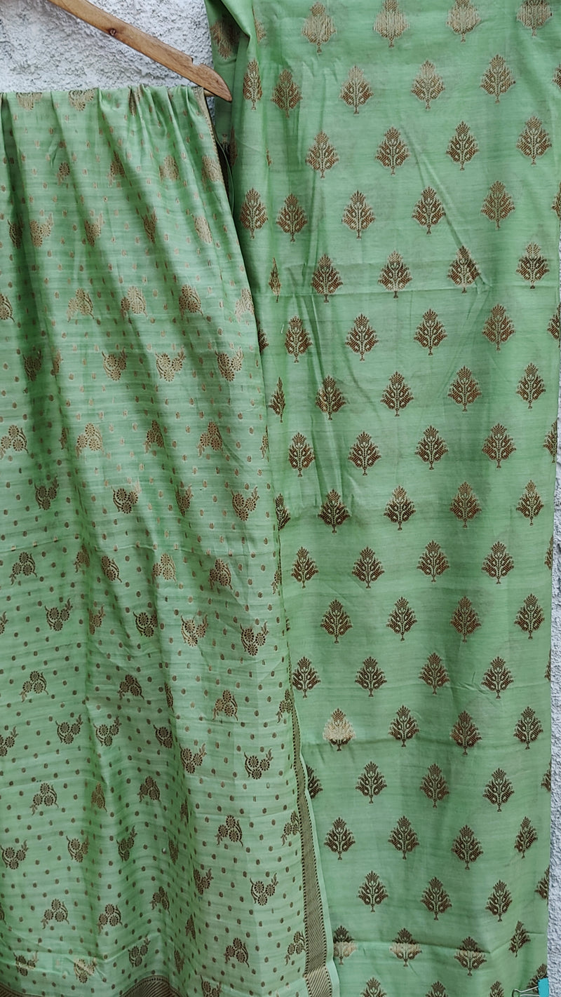 PISTA GREEN BANARSI WEAVEING SILK COTTON ZARI BOOTI SUIT SET