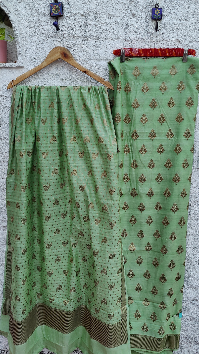 PISTA GREEN BANARSI WEAVEING SILK COTTON ZARI BOOTI SUIT SET