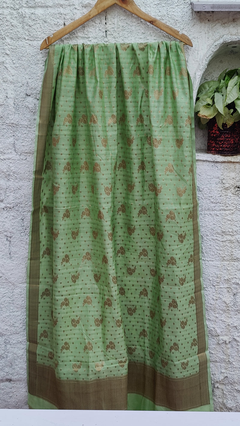 PISTA GREEN BANARSI WEAVEING SILK COTTON ZARI BOOTI SUIT SET