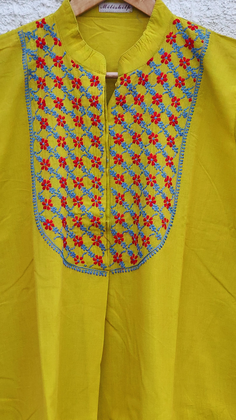 YELLOW MANGALGIRI COTTON KURTA WITH CHIKANKARI