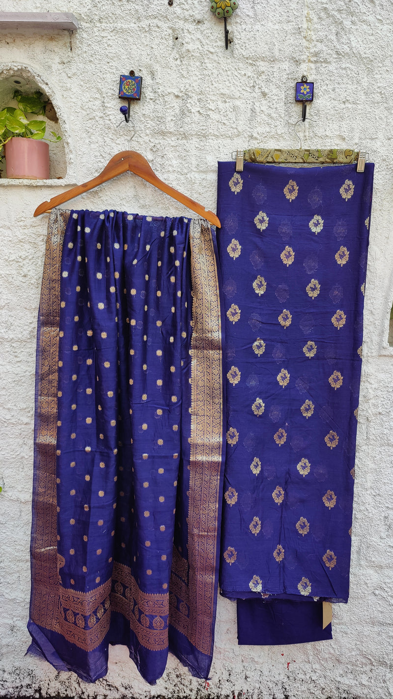 NAVY BLUE BANARSI WEAVEING SILK COTTON ZARI BOOTI SUIT SET