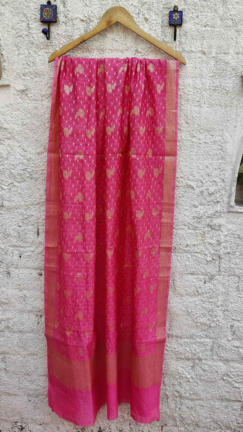 BUBBLEGUM PINK BANARSI WEAVEING SILK COTTON ZARI BOOTI SUIT SET