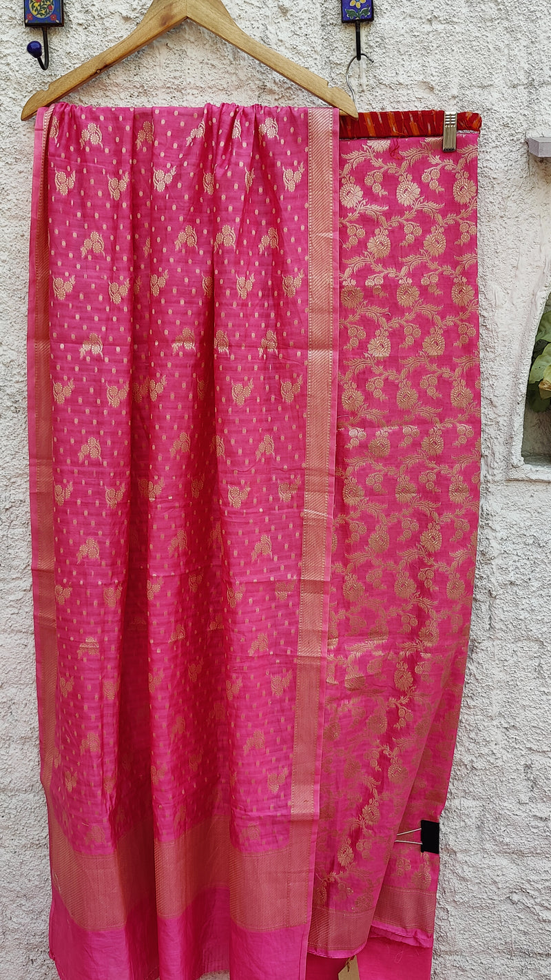 BUBBLEGUM PINK BANARSI WEAVEING SILK COTTON ZARI BOOTI SUIT SET