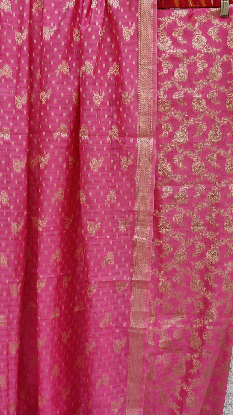 BUBBLEGUM PINK BANARSI WEAVEING SILK COTTON ZARI BOOTI SUIT SET