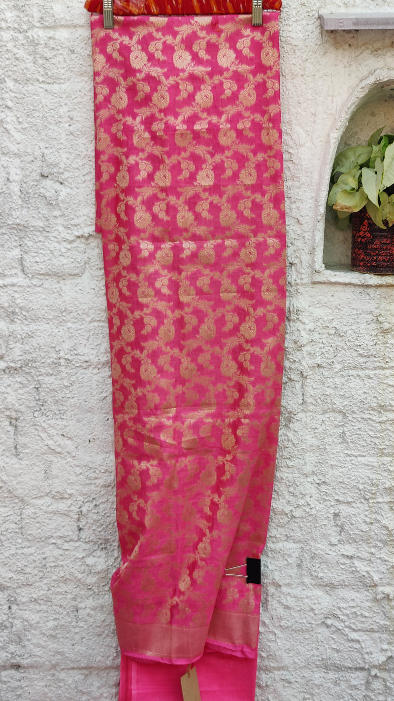 BUBBLEGUM PINK BANARSI WEAVEING SILK COTTON ZARI BOOTI SUIT SET