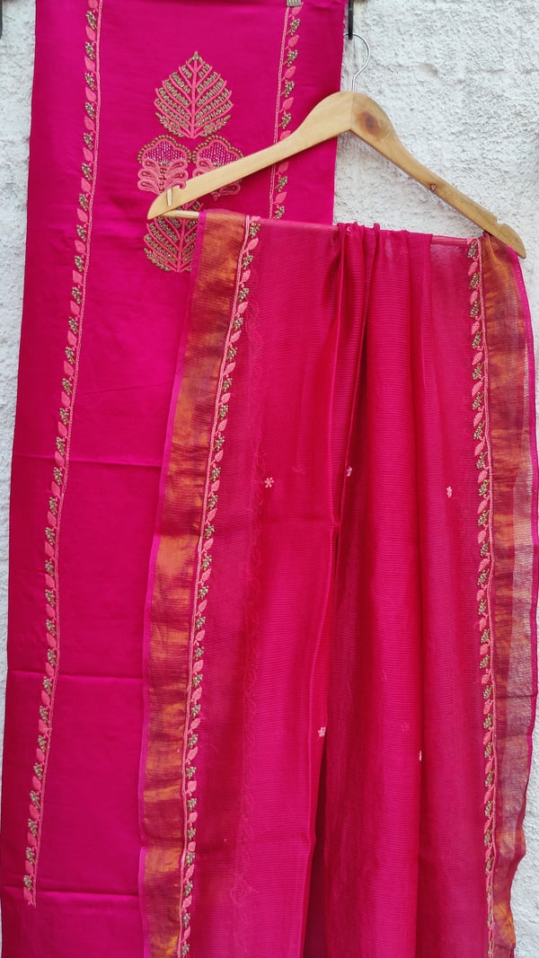 MAGENTA LINEN SATIN KURTA WITH CHIKANKARI - MAHESHWARI DUPATTA