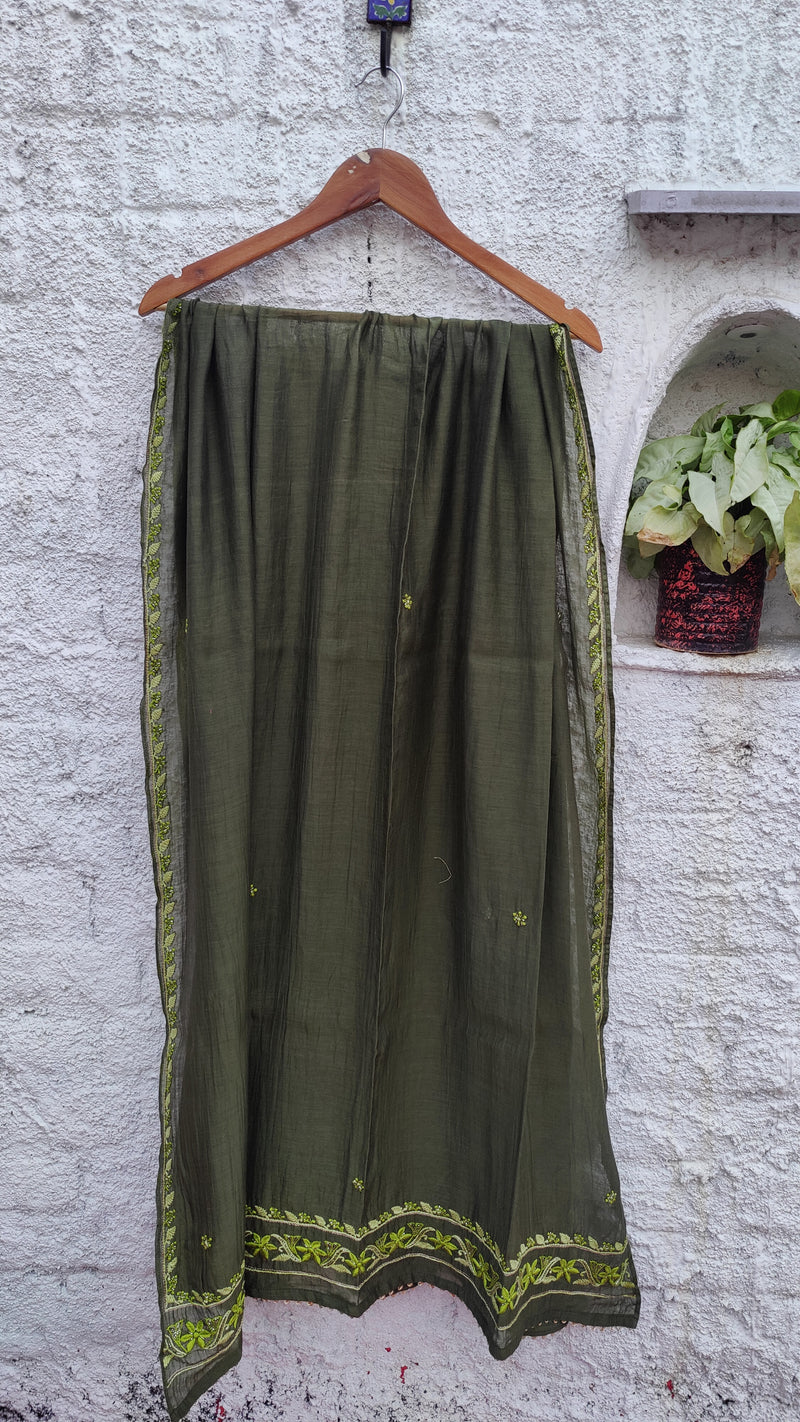 BOTTLE GREEN LINEN SATIN KURTA WITH CHIKANKARI - MAHESHWARI DUPATTA