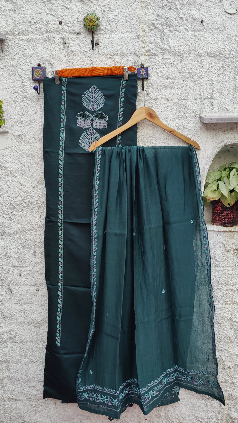 CASTLETON GREEN LINEN SATIN KURTA WITH CHIKANKARI - MAHESHWARI DUPATTA