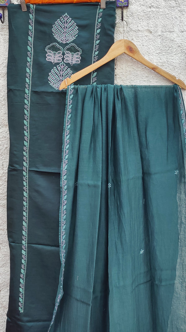 CASTLETON GREEN LINEN SATIN KURTA WITH CHIKANKARI - MAHESHWARI DUPATTA