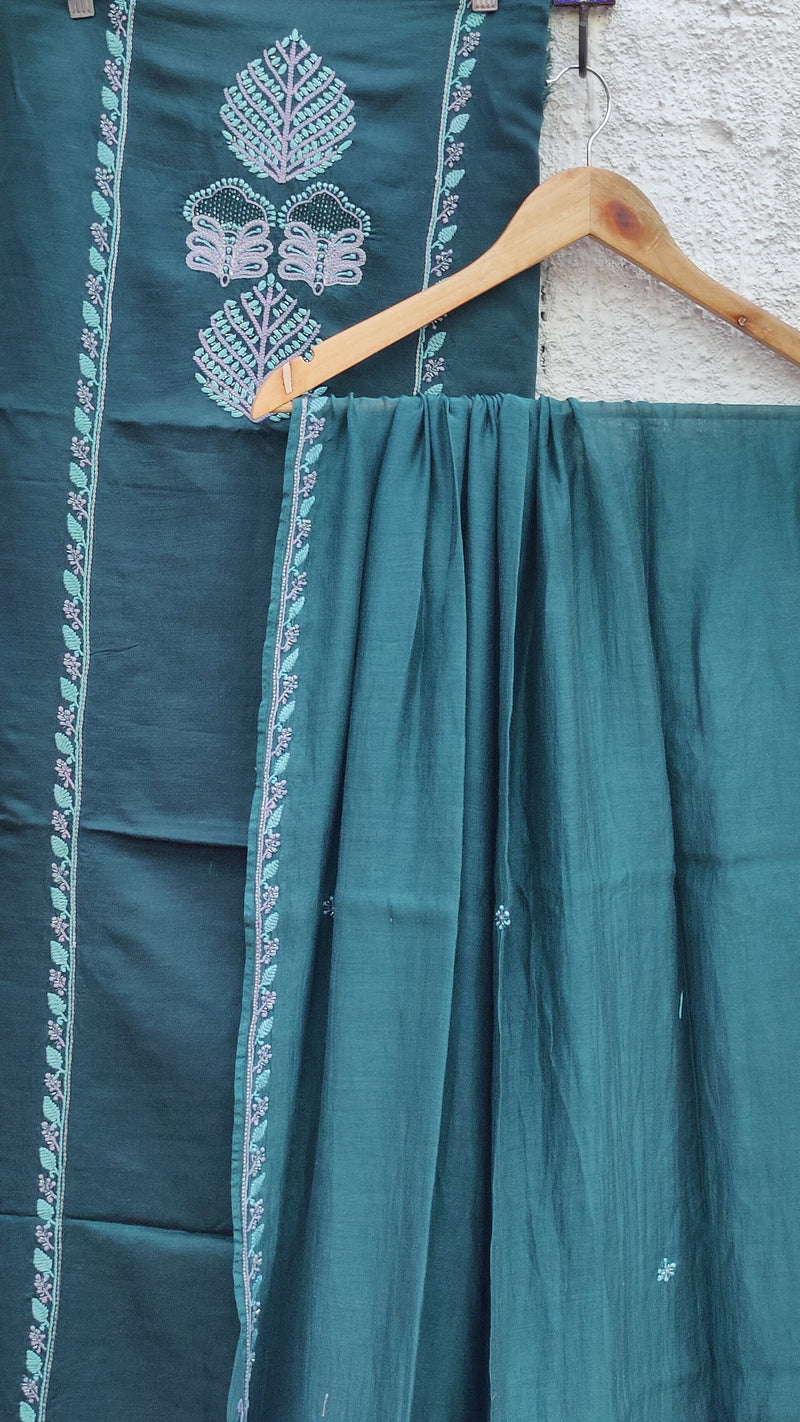 CASTLETON GREEN LINEN SATIN KURTA WITH CHIKANKARI - MAHESHWARI DUPATTA