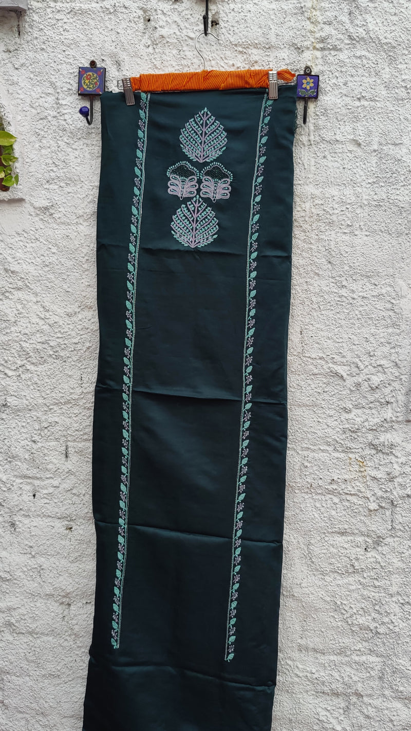 CASTLETON GREEN LINEN SATIN KURTA WITH CHIKANKARI - MAHESHWARI DUPATTA