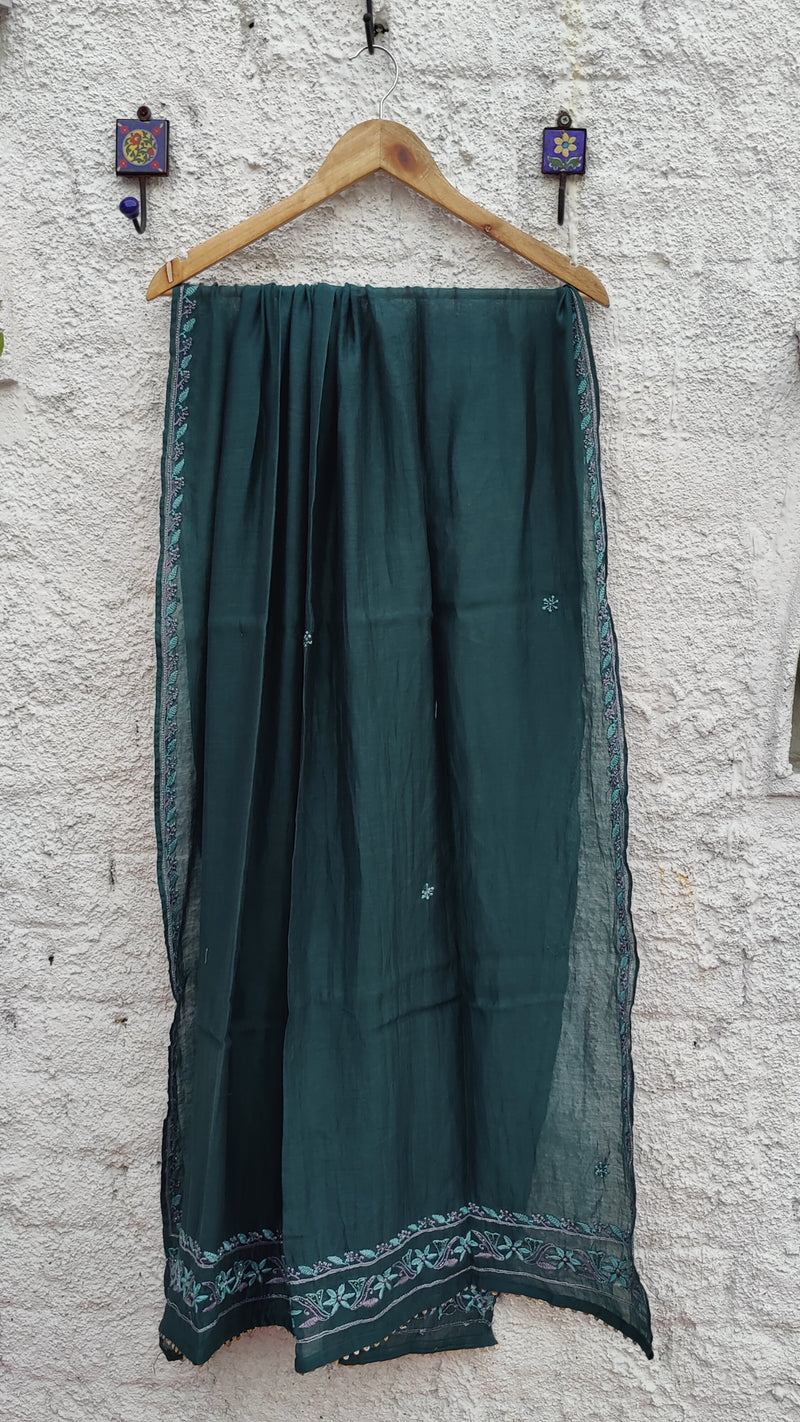 CASTLETON GREEN LINEN SATIN KURTA WITH CHIKANKARI - MAHESHWARI DUPATTA