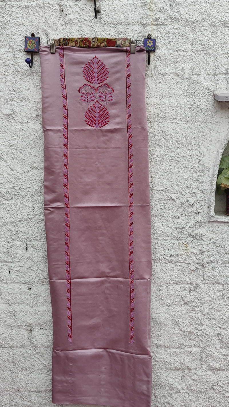 CREPE PINK LINEN SATIN KURTA WITH CHIKANKARI - MAHESHWARI DUPATTA