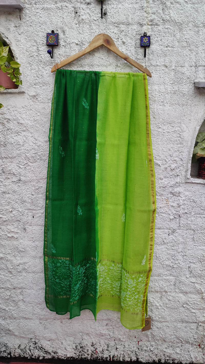 DOUBLE DYED CHANDERI DUPATTA WITH CHIKANKARI & MUKAISH - GREEN