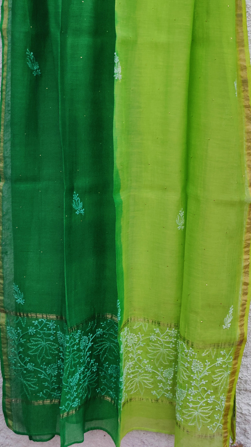 DOUBLE DYED CHANDERI DUPATTA WITH CHIKANKARI & MUKAISH - GREEN