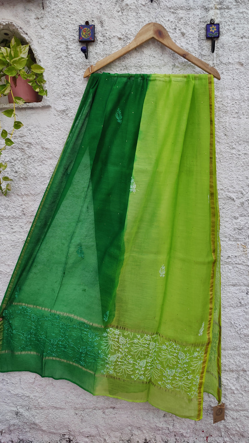 DOUBLE DYED CHANDERI DUPATTA WITH CHIKANKARI & MUKAISH - GREEN