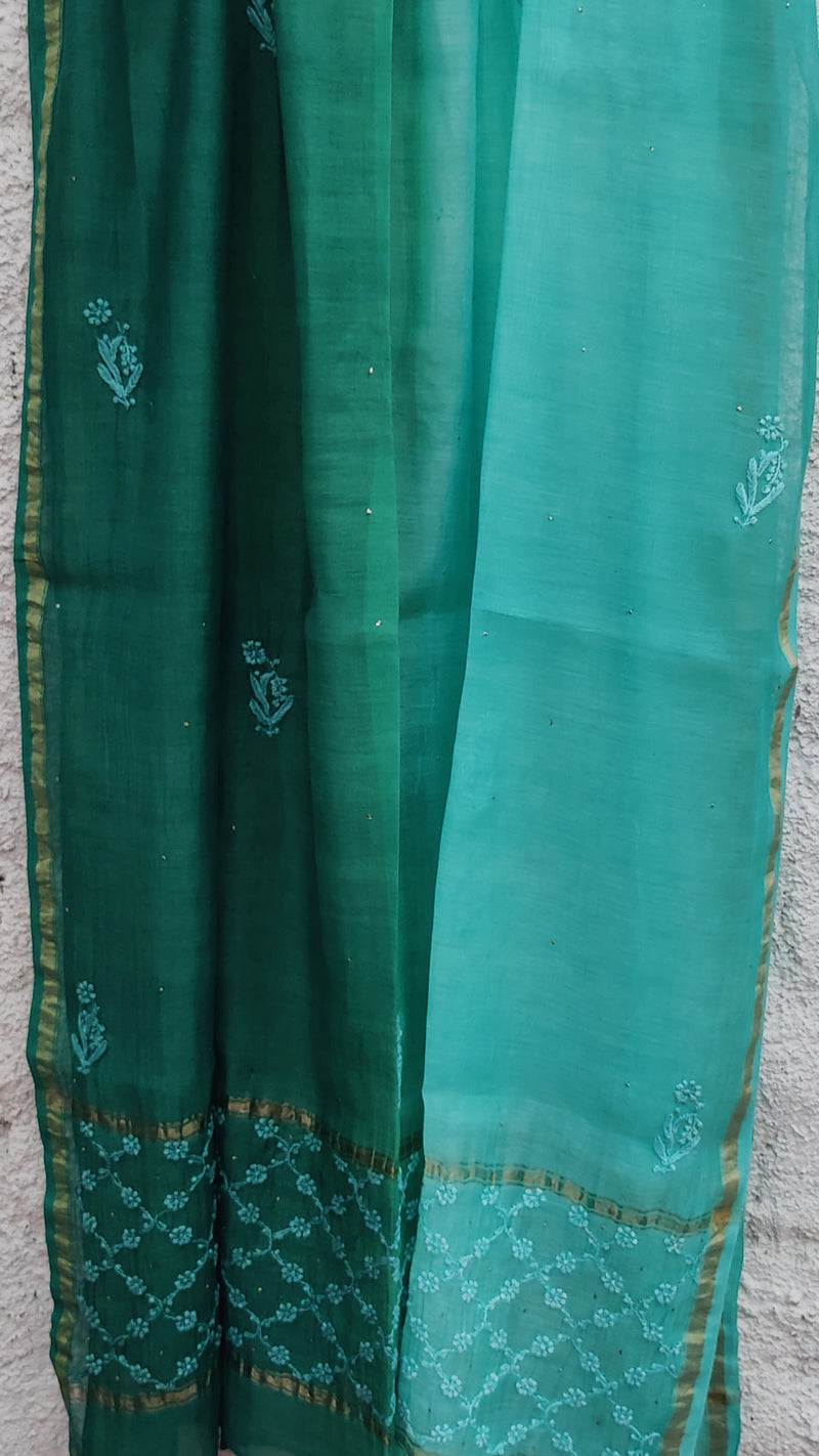 DOUBLE DYED CHANDERI DUPATTA WITH CHIKANKARI & MUKAISH - TEAL GREEN