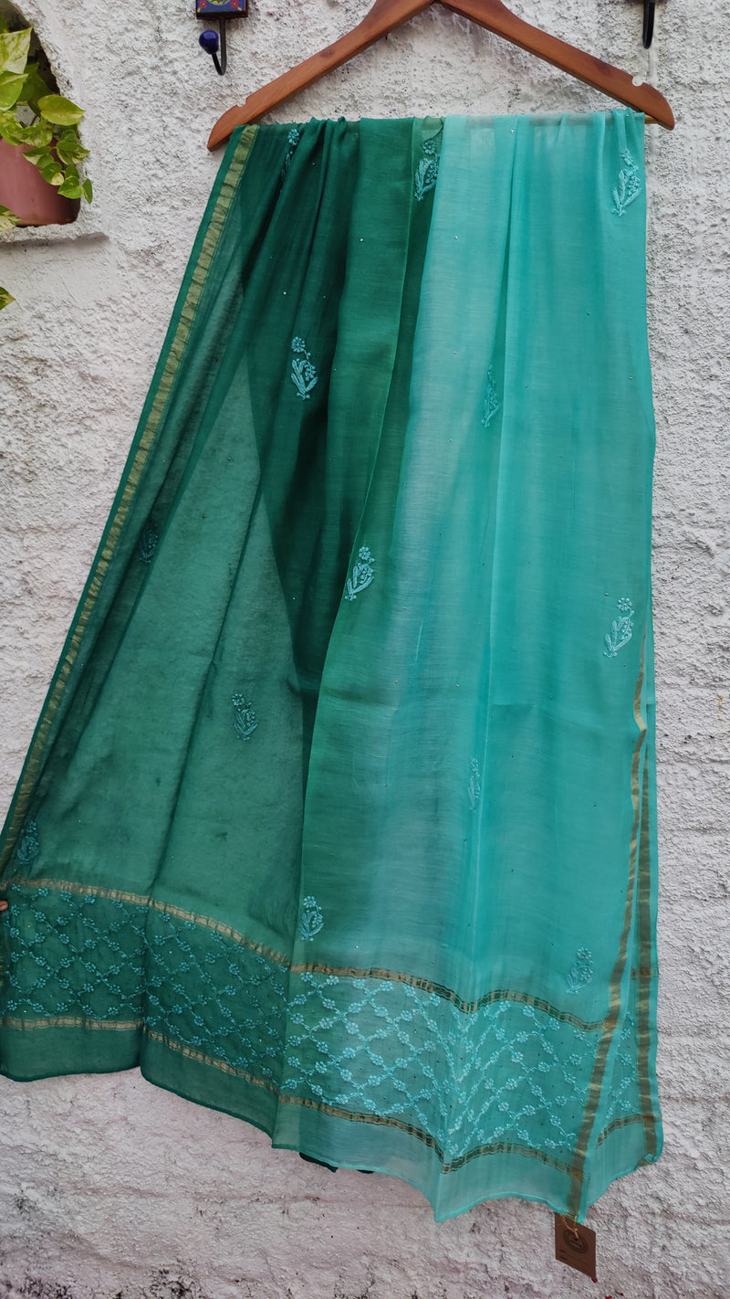 DOUBLE DYED CHANDERI DUPATTA WITH CHIKANKARI & MUKAISH - TEAL GREEN