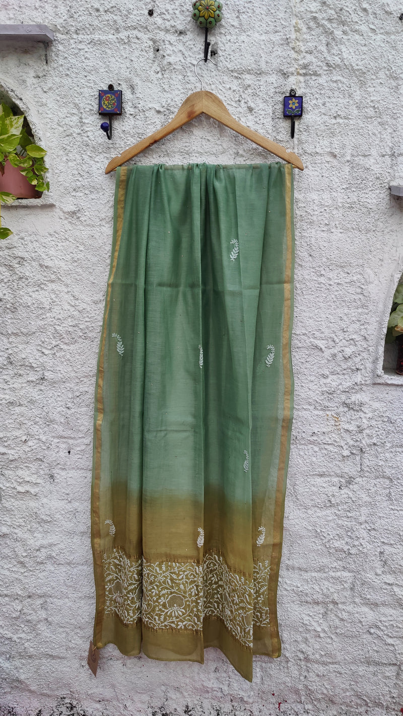 DOUBLE DYED CHANDERI DUPATTA WITH CHIKANKARI & MUKAISH - SHADES OF GREEN