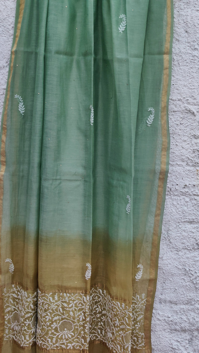 DOUBLE DYED CHANDERI DUPATTA WITH CHIKANKARI & MUKAISH - SHADES OF GREEN