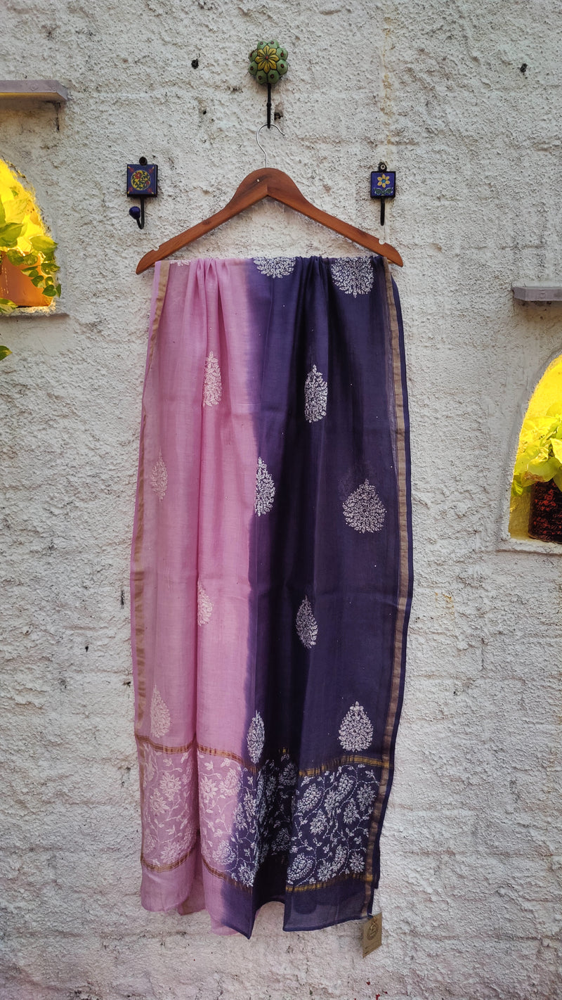 DOUBLE DYED CHANDERI DUPATTA WITH CHIKANKARI & MUKAISH - PINK & PURPLE