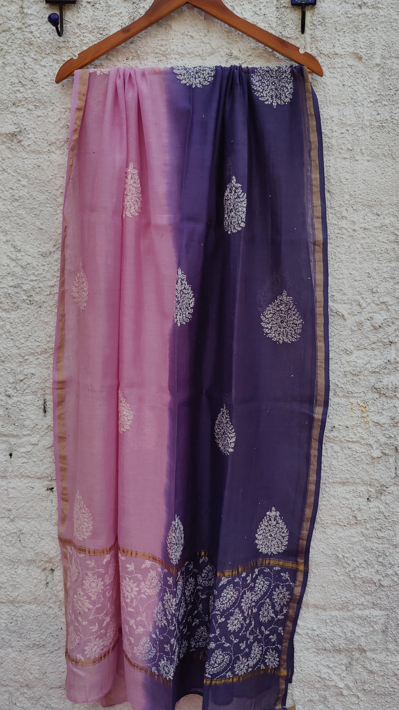 DOUBLE DYED CHANDERI DUPATTA WITH CHIKANKARI & MUKAISH - PINK & PURPLE