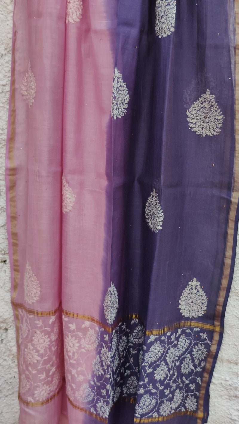 DOUBLE DYED CHANDERI DUPATTA WITH CHIKANKARI & MUKAISH - PINK & PURPLE