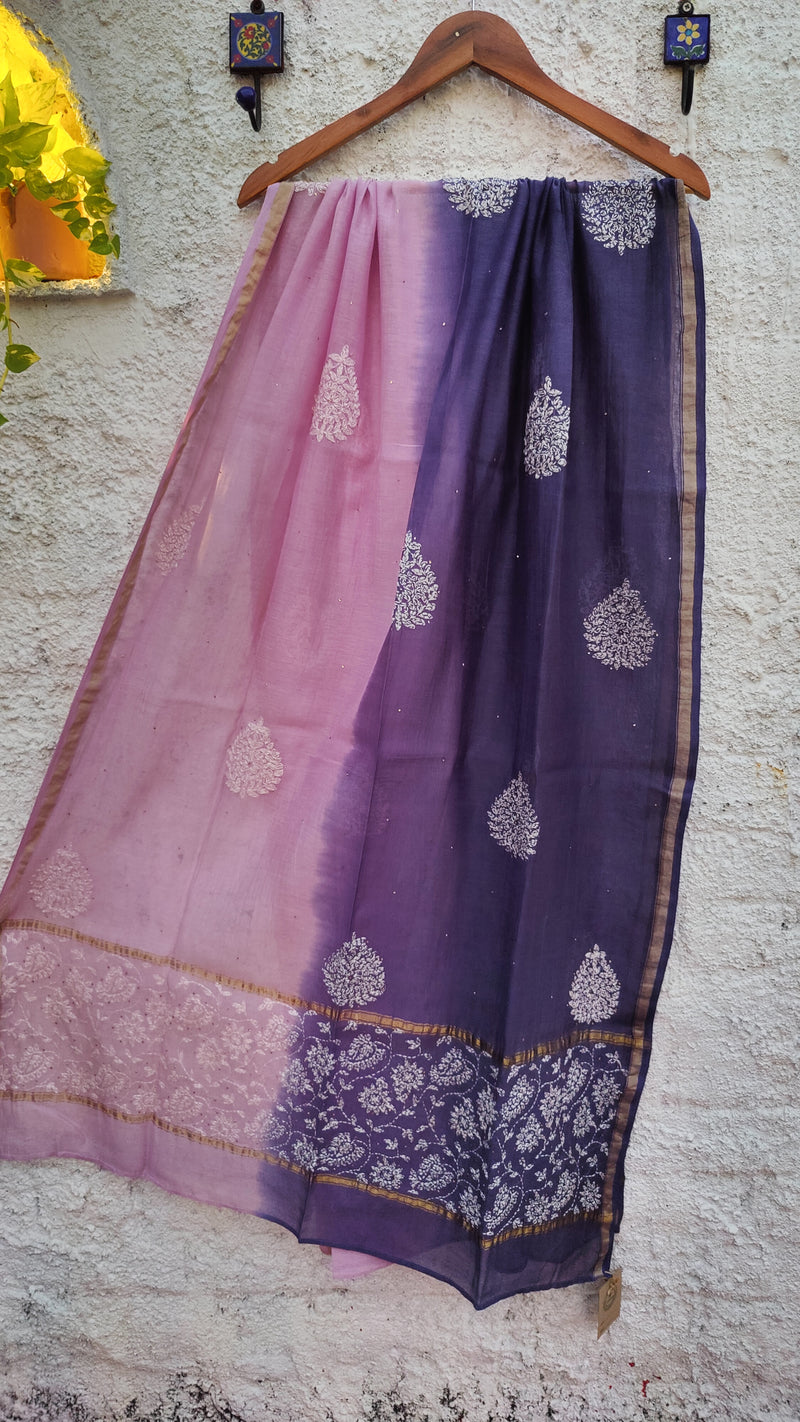 DOUBLE DYED CHANDERI DUPATTA WITH CHIKANKARI & MUKAISH - PINK & PURPLE