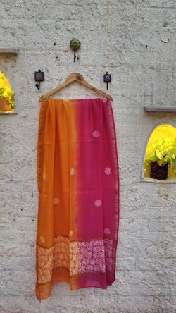 DOUBLE DYED CHANDERI DUPATTA WITH CHIKANKARI & MUKAISH - PINK & ORANGE